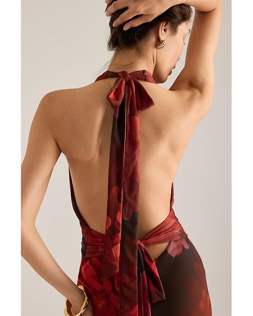 Bardot Red Elera Printed Halter Mesh Maxi Dress