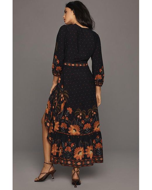 Farm Rio Black Long-sleeve Floral Wrap Midi Dress