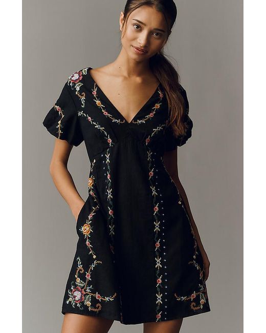By Anthropologie Black Linen-Cotton Cutwork Mini Dress