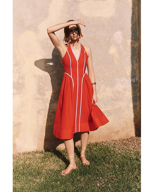 By Anthropologie Red Halter V-Neck Fit & Flare Midi Dress