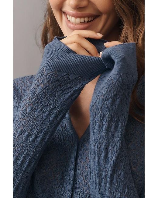 By Anthropologie Blue Juliet Pointelle Long-Sleeve Cotton-Blend Cardigan