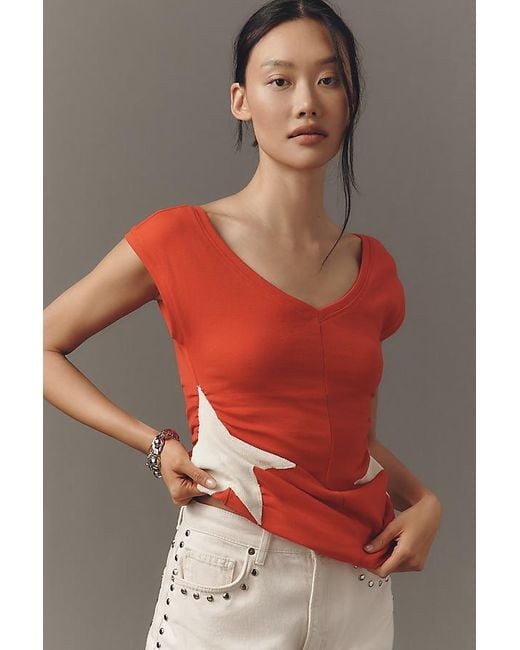 Maeve Red Short Sleeve V-Neck Star-Detail T-Shirt