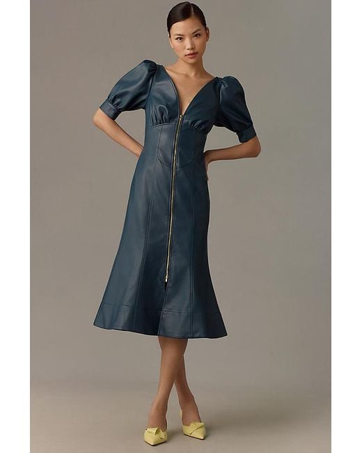 By Anthropologie Blue Faux Leather Puff-Sleeve Zip-Front Midi Dress
