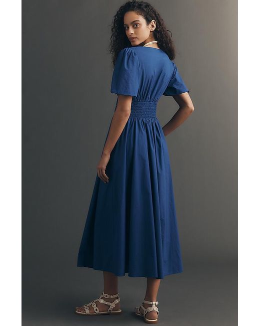 By Anthropologie Blue The Katerina V-Neck Button-Front Dress