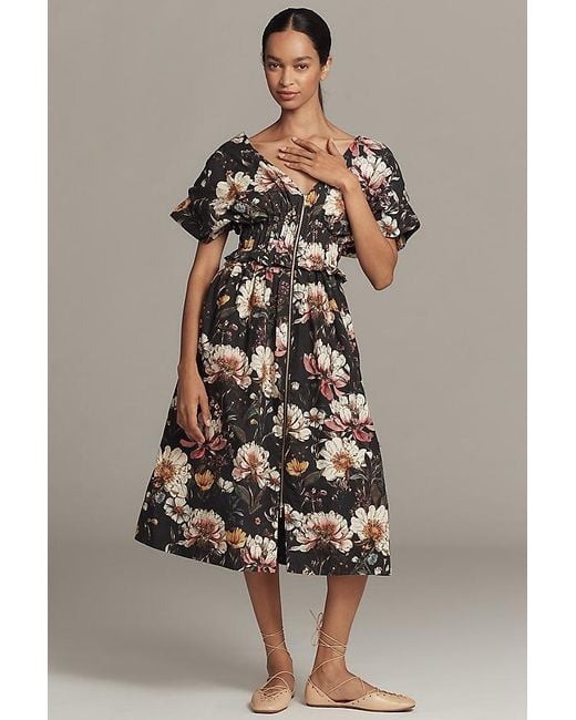 By Anthropologie Multicolor V-Neck Zip-Front Midi Dress