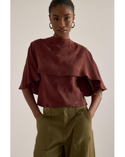 By Anthropologie Brown Floral Jacquard Cape Top