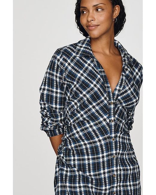 Pilcro Blue Ruched Mini Shirt Dress