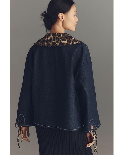 Maeve Gray Leopard Collar Denim Boxy Jacket