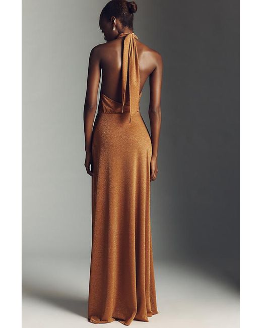 AFRM Brown Kendrick Sparkle Cross-Front Halter Maxi Dress