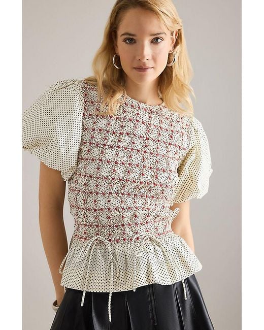 Damson Madder Natural Audrey Smocked Embroidered Cotton Poplin Blouse