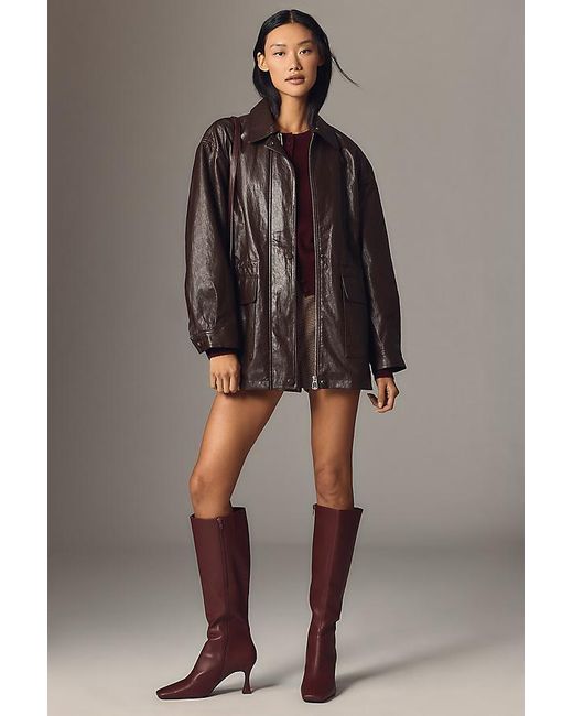 By Anthropologie Brown Cinched-Waist Faux-Leather Jacket
