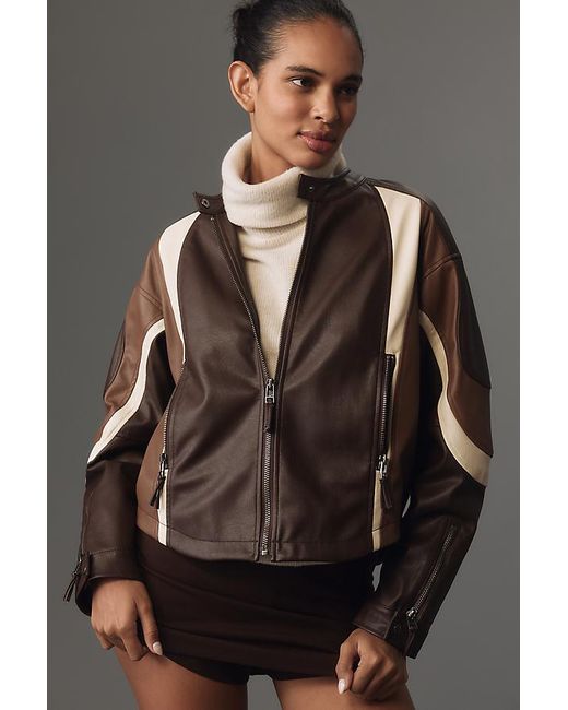 By Anthropologie Black Faux-Leather Colourblock Race Jacket