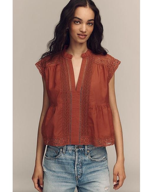 By Anthropologie Red Short-Sleeve Lace-Trim Swing Blouse