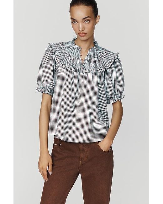 By Anthropologie Gray Ruffled Puff-Sleeve Blouse