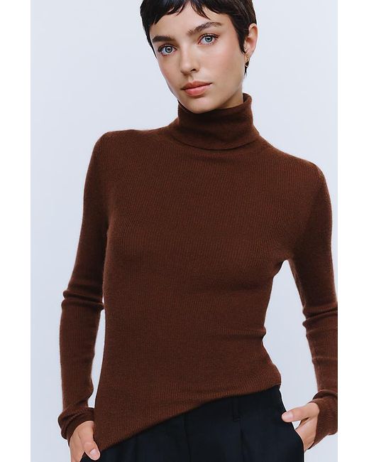 Maeve Brown 100% Cashmere Ribbed Turtleneck Top