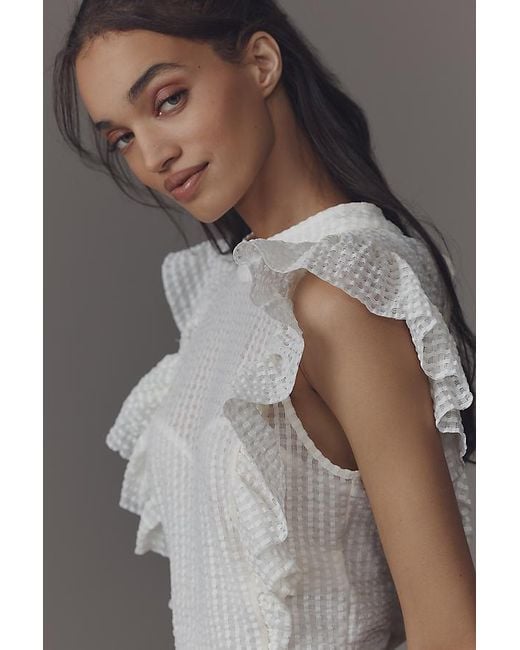 Maeve Gray Cropped Ruffle Mesh Top