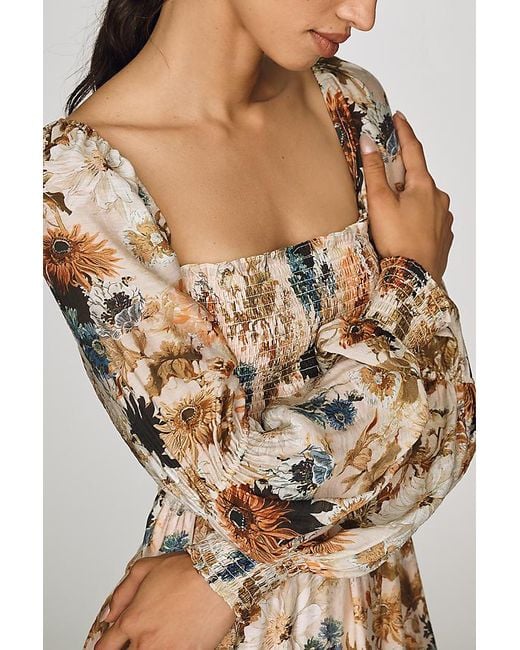 By Anthropologie Natural Puff-Sleeve Midi Dress