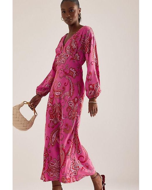 Never Fully Dressed Pink Emma V-Neck Paisley-Print Midi Dress