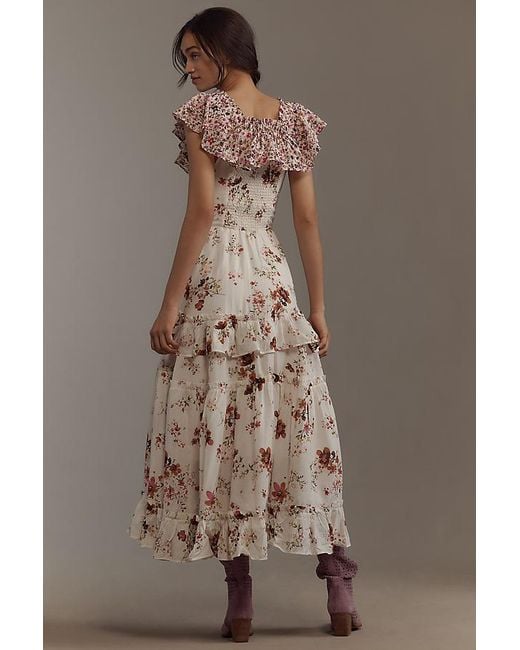 Maeve Ruffle-Sleeve V-Neck Lace-Up Midi Dress in Brown | Lyst UK