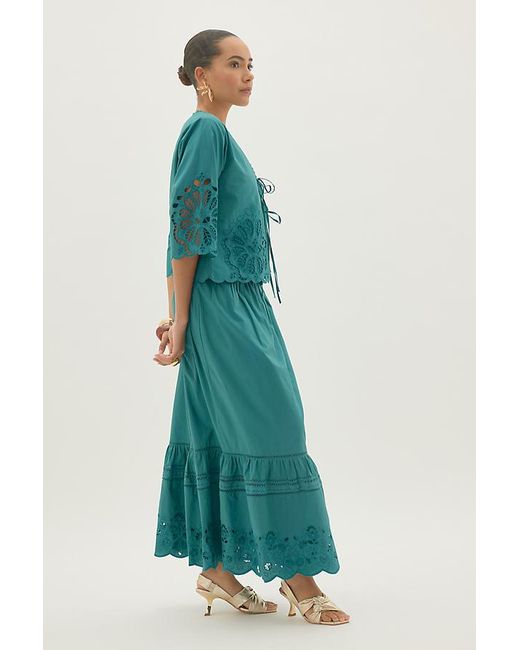 By Anthropologie Blue Tiered Cutwork Maxi Skirt