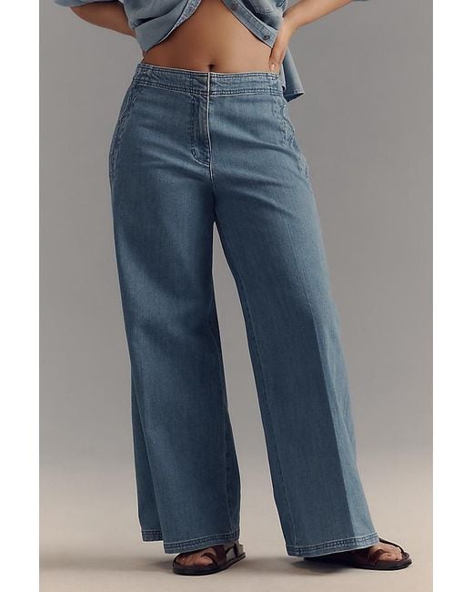 Maeve Blue Scallop-Edge High-Rise Wide-Leg Jeans