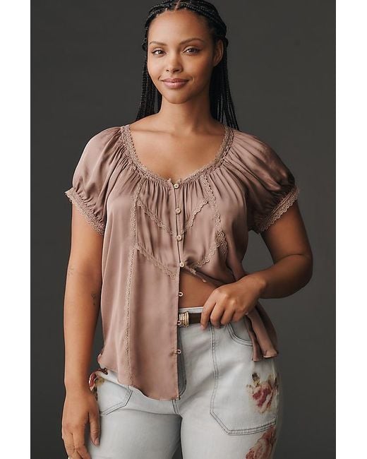 By Anthropologie Brown The Amber Short-Sleeve Silky Top