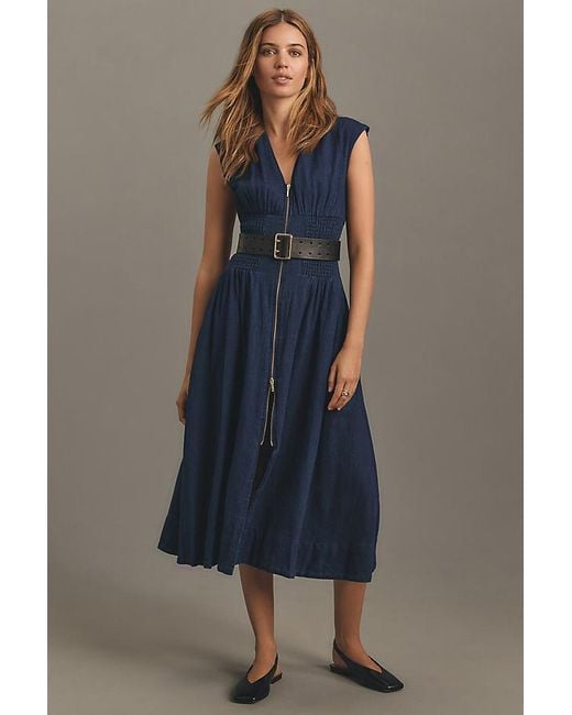 By Anthropologie Blue The Tommie Cap-Sleeve Smocked Front-Zip Midi Shirt Dress