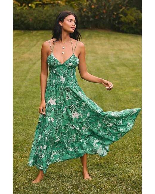 By Anthropologie Green Smocked Drop-waist Tiered Cotton Maxi Dress