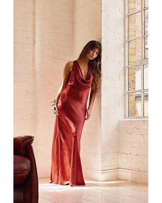 strapless open back dress Red Strappy Cowl Neck Satin Bias Slip Dress