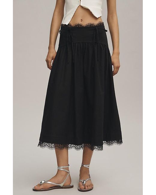 By Anthropologie Brown Waisted Lace Trim Skirt