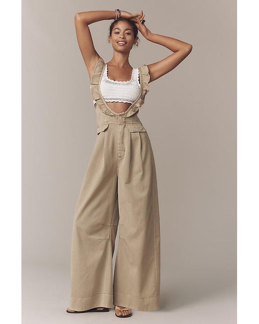 Pilcro Natural Ruffle-Strap Washed Chino Overalls