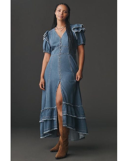 Pilcro Blue Short-Sleeve Ruffled Midi Shirtdress