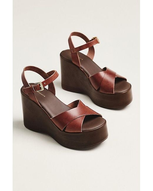 By Anthropologie Brown Wood-Bottom Ankle-Strap Platform Wedge Heels