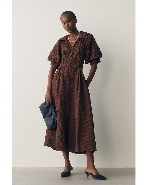 English Factory Brown Puff-Sleeve Textured Midi Shirtdress