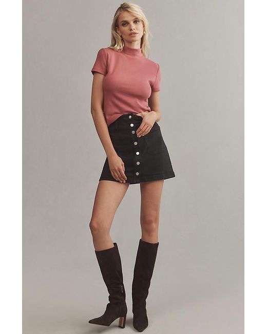 Maeve Pink Ribbed Mock-Neck Cropped T-Shirt