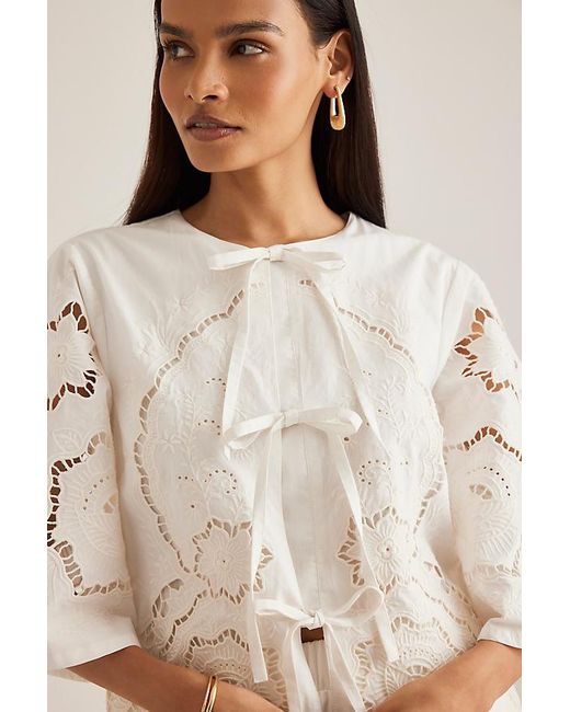By Anthropologie Natural Cutwork Poplin Tie-Front Blouse