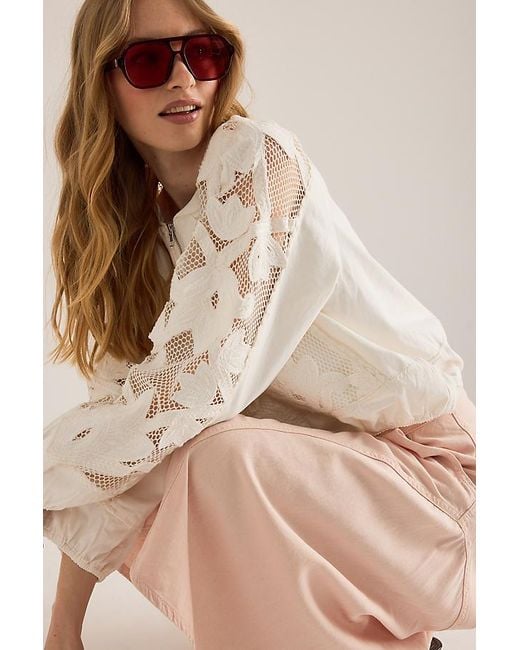 By Anthropologie Natural Floral Embroidered Bomber Jacket