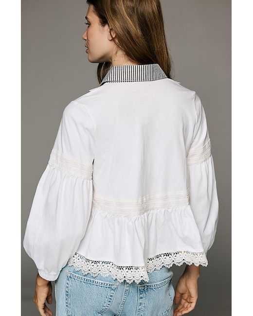 Maeve Gray 100% Cotton Lace Placket Blouse