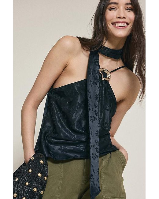 By Anthropologie Brown Satin Scarf-Detail Halter Top