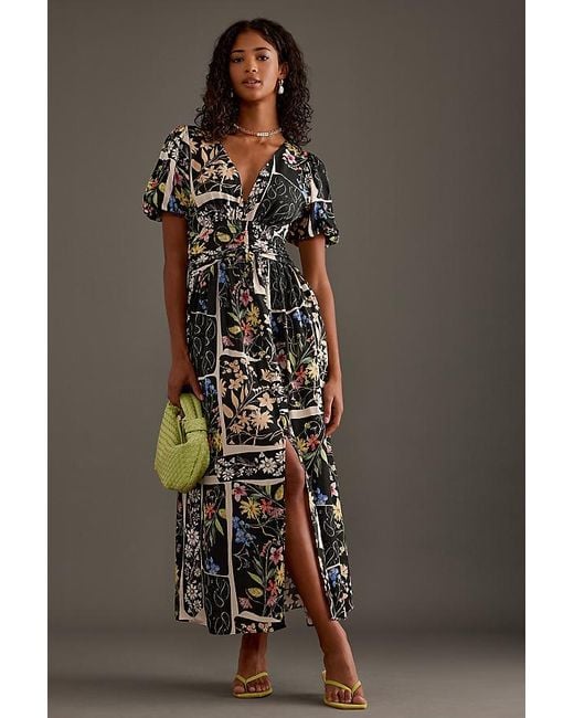 By Anthropologie Brown Puff-Sleeve Patchwork Floral Midi Dress