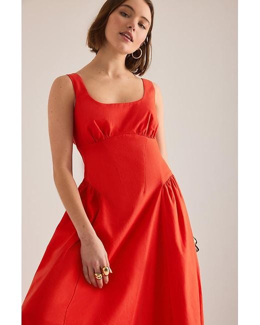 By Anthropologie Red Livy Cotton-Linen Hourglass Midi Dress