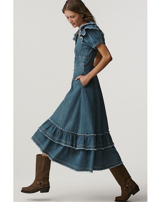 Pilcro Blue Short-Sleeve Ruffled Midi Shirtdress