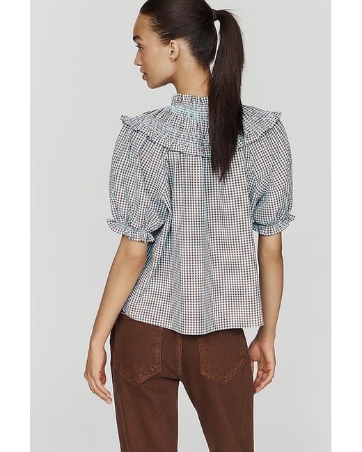 By Anthropologie Gray Ruffled Puff-Sleeve Blouse