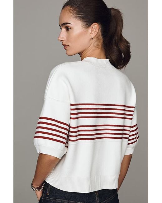 Maeve White Puff-Sleeve Knit Top