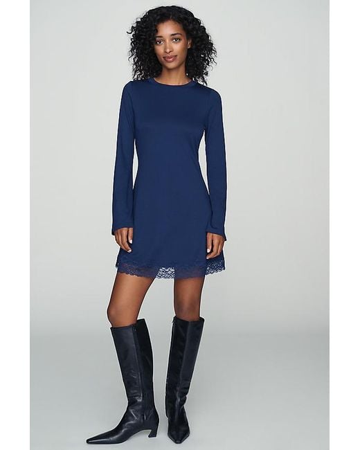 By Anthropologie Blue Knit Lace-Trim Mini Dress
