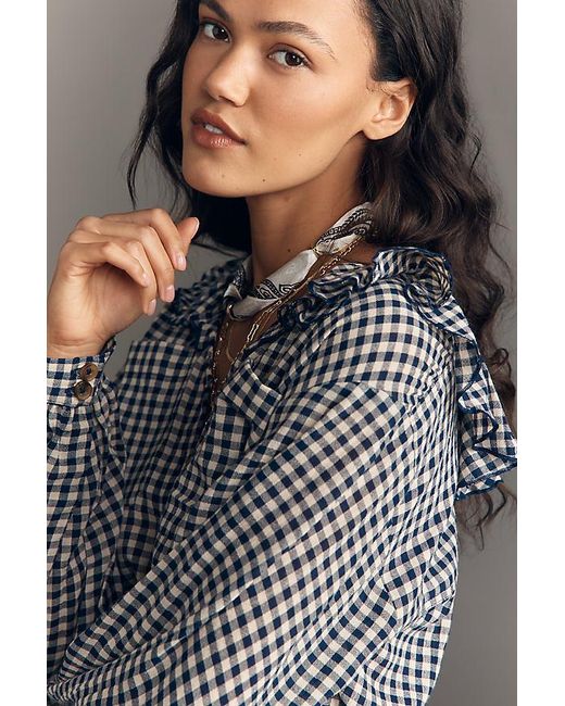 Pilcro Gray Blouson-Sleeve Ruffle Collar Buttondown Shirt