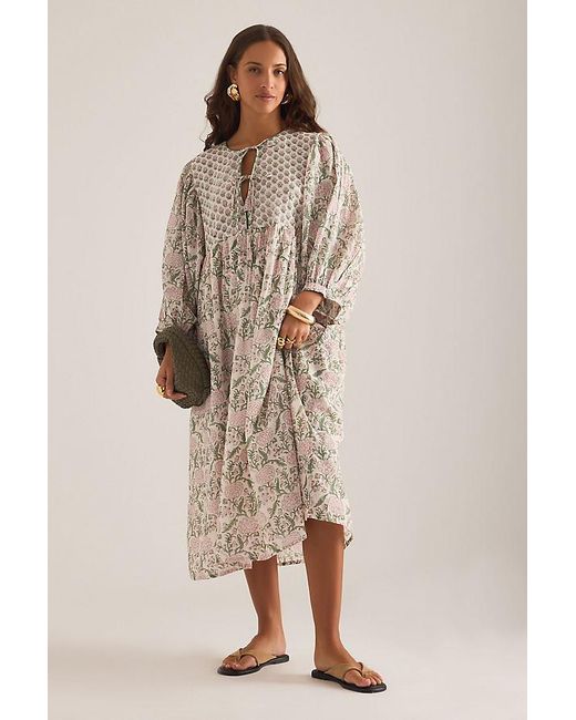 Dilli Grey Natural Farrah Tie-Front Block-Print Midi Dress