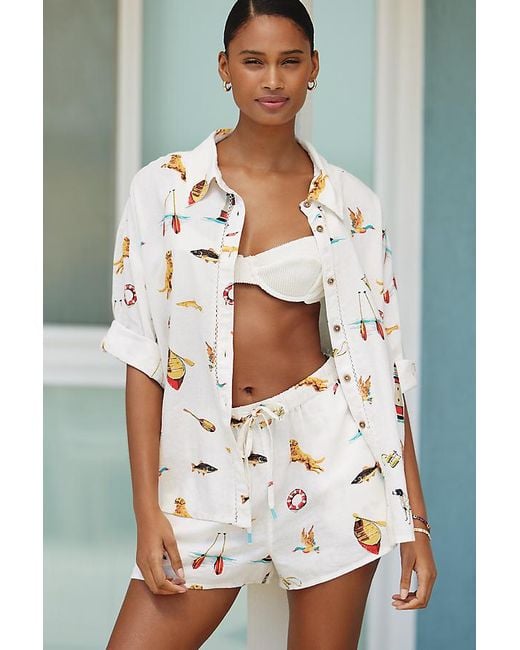 By Anthropologie Red Printed Short-Sleeve Linen Shirt