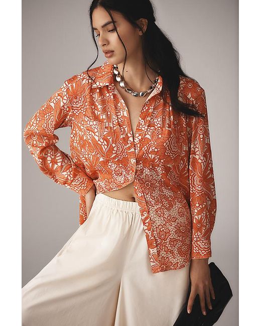 By Anthropologie Orange Relaxed Long-Sleeve Floral Shirt