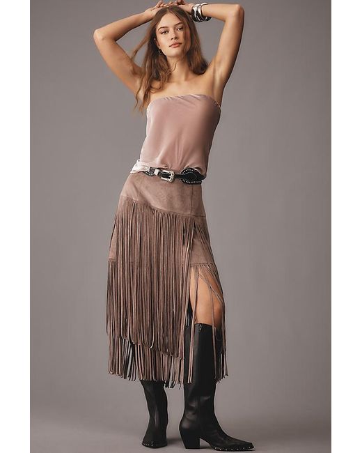 Mare Mare Gray X Anthropologie Faux-Suede Fringe Midi Skirt